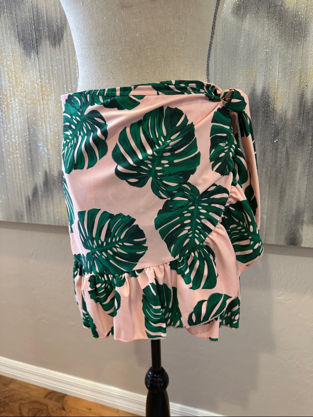 Pink Tropical Leaf Wrap Mini Skirt